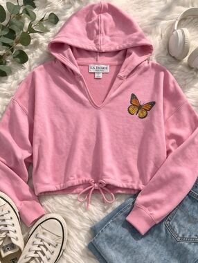 LA Image Soft Pink Hoodie Butterfly Graphic Cropped Drawstring HemSweatshirt